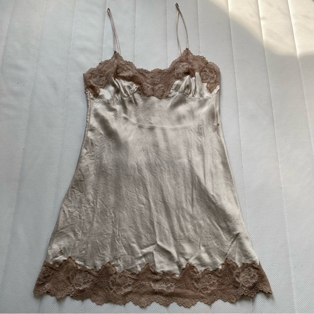 Neiman Marcus Champagne Silk Slip with Taupe Lace Trim